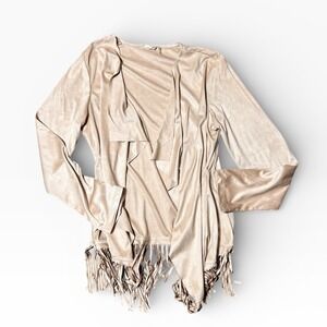 Kaktus Beige Faux Suede Fringe Duster Cardigan Jacket Boho Festival Medium Rodeo